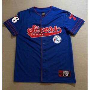 Philadelphia 76ers Royal‎ Blue Baseball Warm Up Jersey Mens Small Short Sleeve